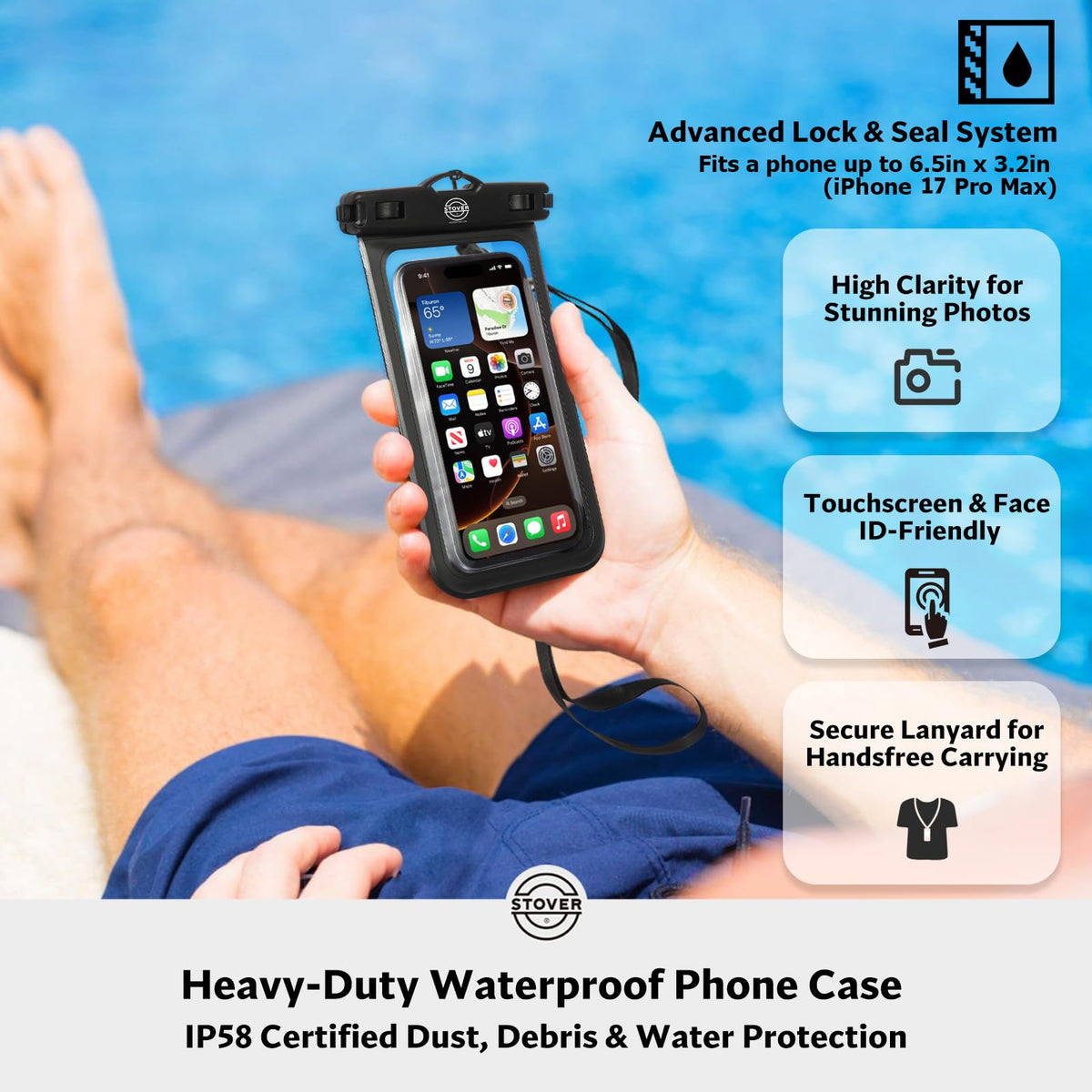 STOVER 5/10/25/30/40L Waterproof Dry Backpack & Phone Case- Large Floating Dry Bag for Kayaking, Travel, Hiking, Fishing, Camping, Motorcycles & Beach, Heavy-Duty Roll Top Men/Women (Black)
