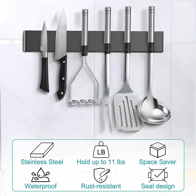 Magnetic Knife Holder With 3 Hooks, 12 Inch Knife Magnetic Strip No Drilling Adhesive Magnetic Knife Holder for Wall Mount Fridge Refrigerator, Magnet Bar Tool Holder Organizer RV Kitchen Gadgets