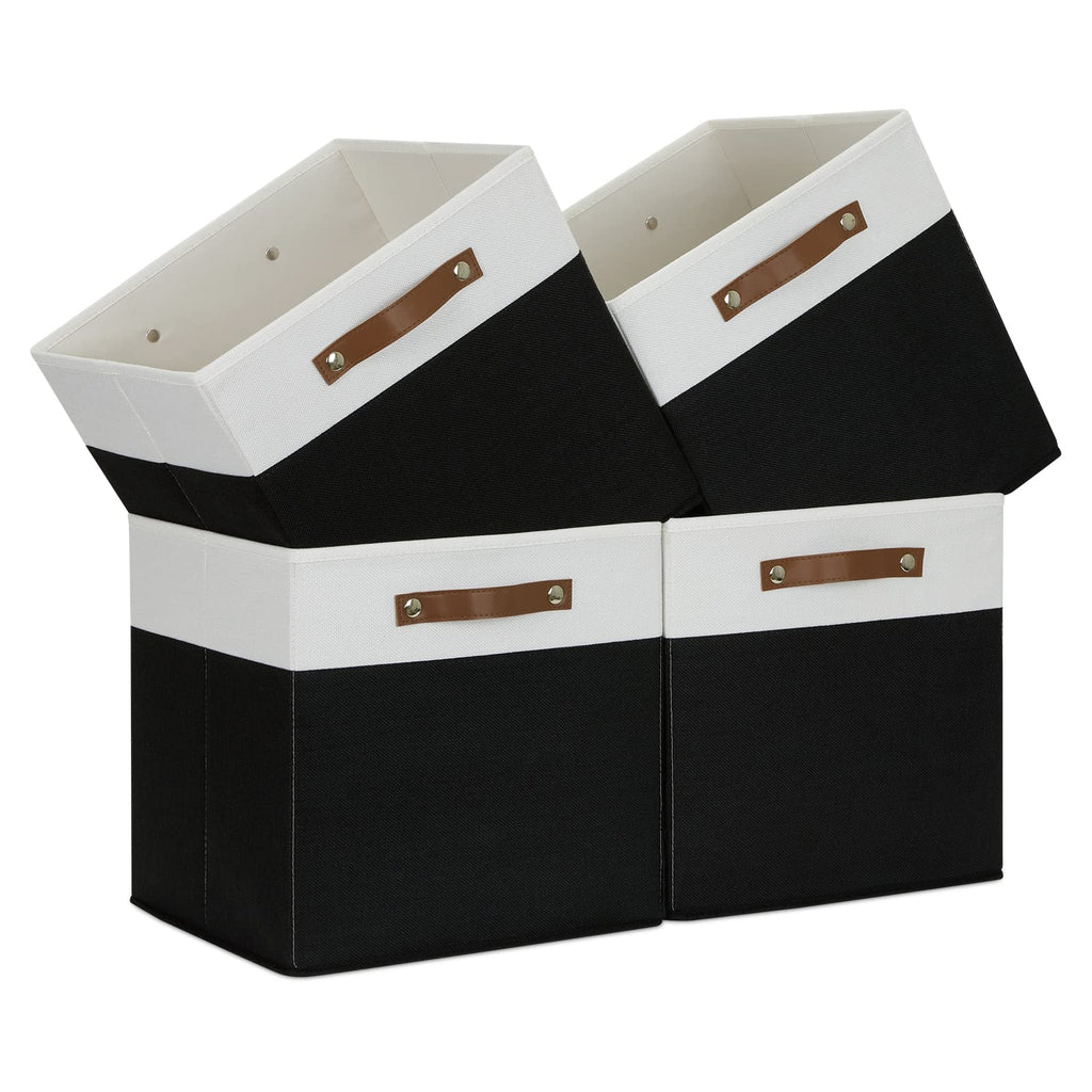 Fabric Storage Bin 4 Pack Cube Storage Bin for Shelf Fabric Cube Storage Basket 13 Inch Cube Storage Bins Foldable Storage Cubes with Leather Handles (4 Count)