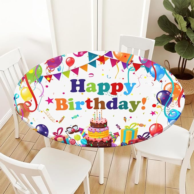 Birthday Round Fitted Tablecloth with Elastic Colorful Happy Birthday Party Circle Table Cover for 40-44" Round Tables Wipeable Waterproof Cake Balloons Gifts Table Cloth for Picnic Dining Patio Decor
