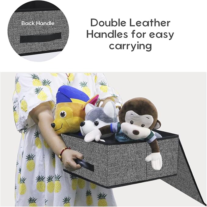 Onlyeasy Foldable Storage Bins Cubes Boxes with Lid - Storage Box Cube Cubby Basket Closet Organizer Pack of Two with Leather Handles for Closet Bedroom, 13"x13", Black, 8MXALB2P