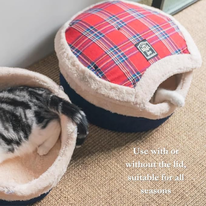 Cat Cave Bed ??Plush, Warm & Calming Hideaway with Detachable Lid & Mat, Covered House for Indoor Kitten & Kitty (Redwhite)