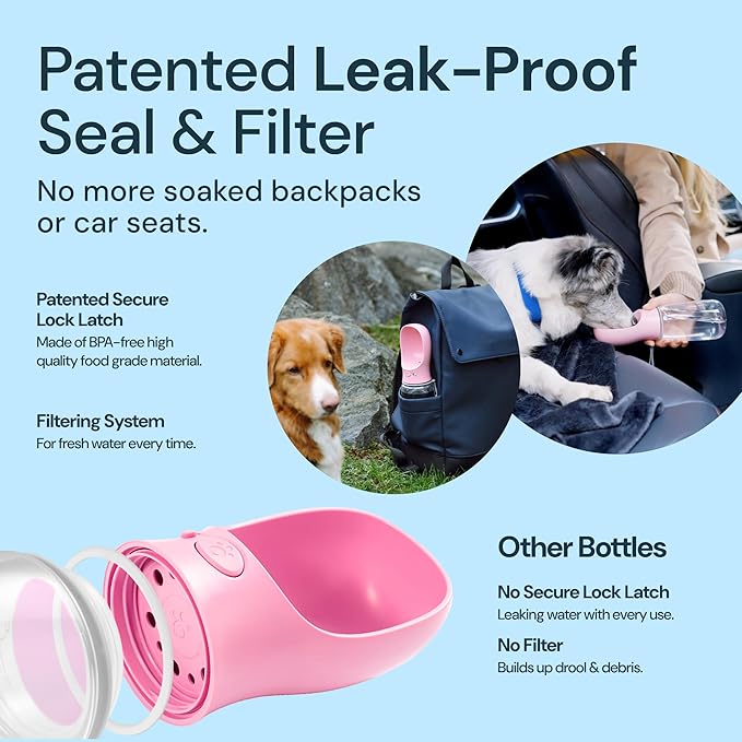 MalsiPree Leak-Proof Portable Dog Water Bottle for Travel - 19 oz, with Pink Bowl - Food Grade Plastic - Dog Bowls - Puppy Essentials - Pet Water Bottle