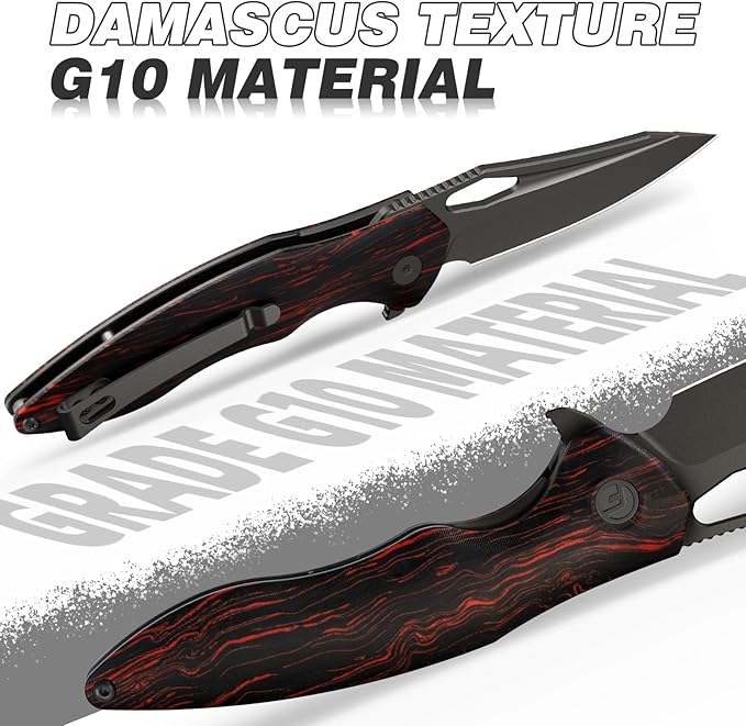 FINTISO Apollo Pocket Knife, 3.3" 14C28N Blade Damascus Pattern G10 Handle Folding Knife with Liner Lock, EDC Knife with Pocket Clip for Camping, Hunting, Survival, Unique Gift for Men Women