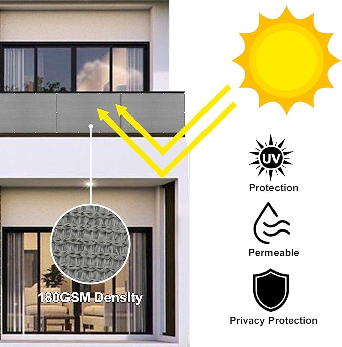 Eden's Decor Balcony Privacy Screen Grey 3'x 7' Cover Mesh Windscreen Weather-Resistant UV Protection for Backyard Deck, Patio, Balcony, Pool, Porch, Fence, Railing, Gardening