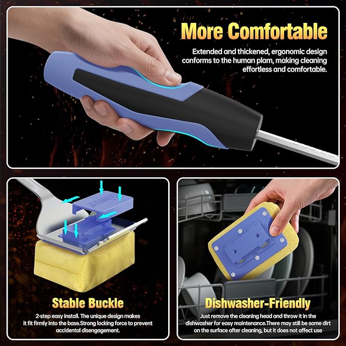 Grill Cleaning Brush Bristle Free for Outdoor Grill Brush Extended Handle for Cast Iron Stainless-Steel Grates, Replaceable BBQ Cleaner Brush Head, Steam Safe Grill Brush with Scraper, Purple