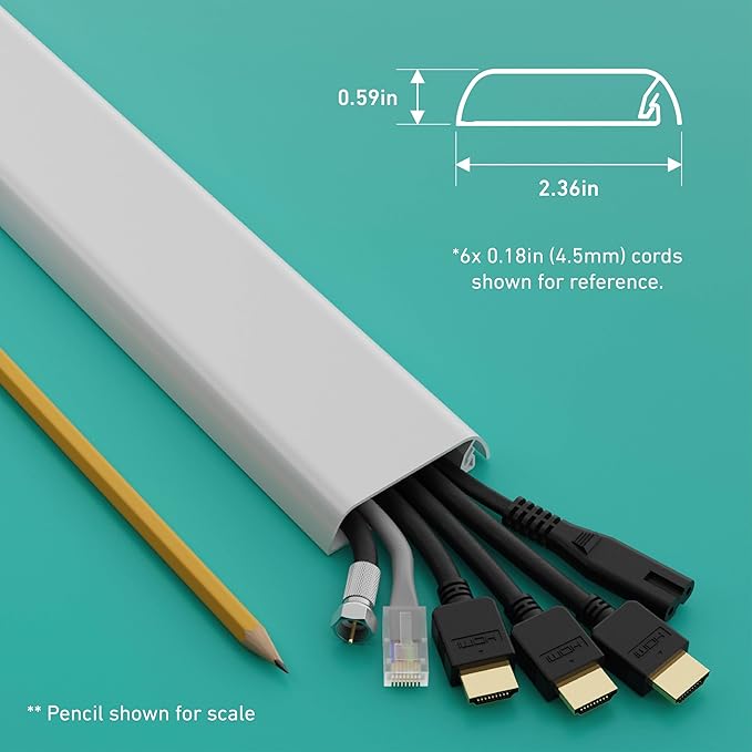 D-Line TV Wall Mount Cord Hider, Hide Mounted TV Cables, Wire Covers, Self Adhesive Cover for Cords, Paintable, Low Profile, Seamless Cable Raceway - 2.36in W x 0.59in H x 39in L - White