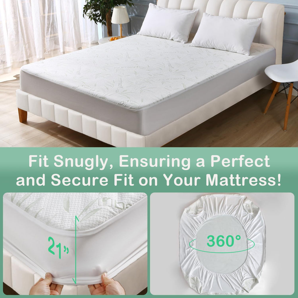 California King Mattress Protector Waterproof Mattress Pad Washable Bamboo Rayon Mattress Cover Breathable Noiseless Bed Protector 5"