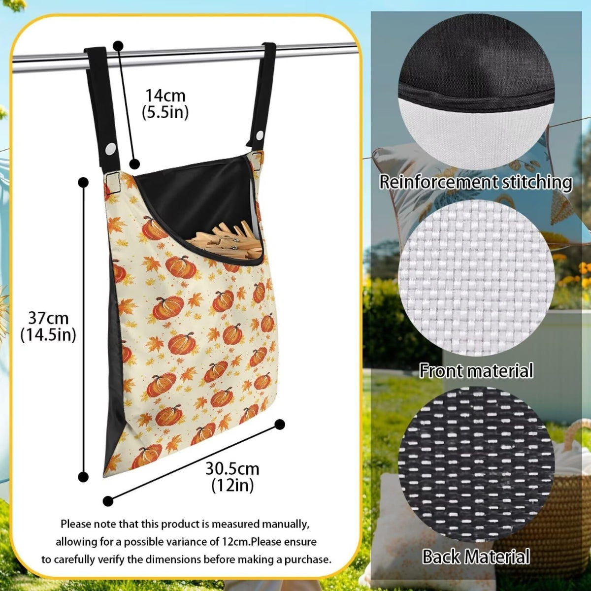 Pumpkin Clothes Pin Bags Clothespin Bag Holder Clothespin Holder 14.5 x 12 Inch Clothespin Bag for Clothesline Outdoor Outside Laundry Room Lightweight Clothespin Bag for Easy Hang