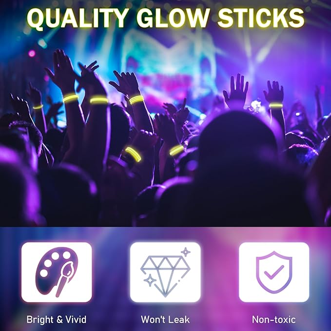 Hanaive 300 Pcs Glow Sticks Bulk 8 Inch Glow in The Dark Party Favors Neon Bracelets and Necklaces Light up Sticks with Connectors for Holiday Birthday Party Supplies(Yellow)
