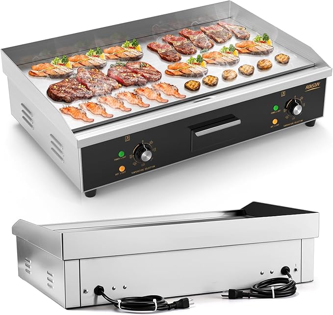 ROVSUN 30" Electric Countertop Flat Top Griddle, 3000W Electric Griddle, Teppanyaki Grill Stainless Steel with Adjustable Temperature Control 122°F-572°F for Commercial Home Restaurant, Plug