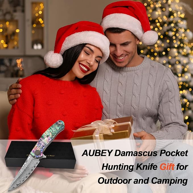 AUBEY Damascus Pocket Knife for Women Men, Sharp 3.23" Damascus Steel Blade Knife with Clip, EDC Hunting Knives with Abalone Shell Handle, Gift for Camping Outdoor