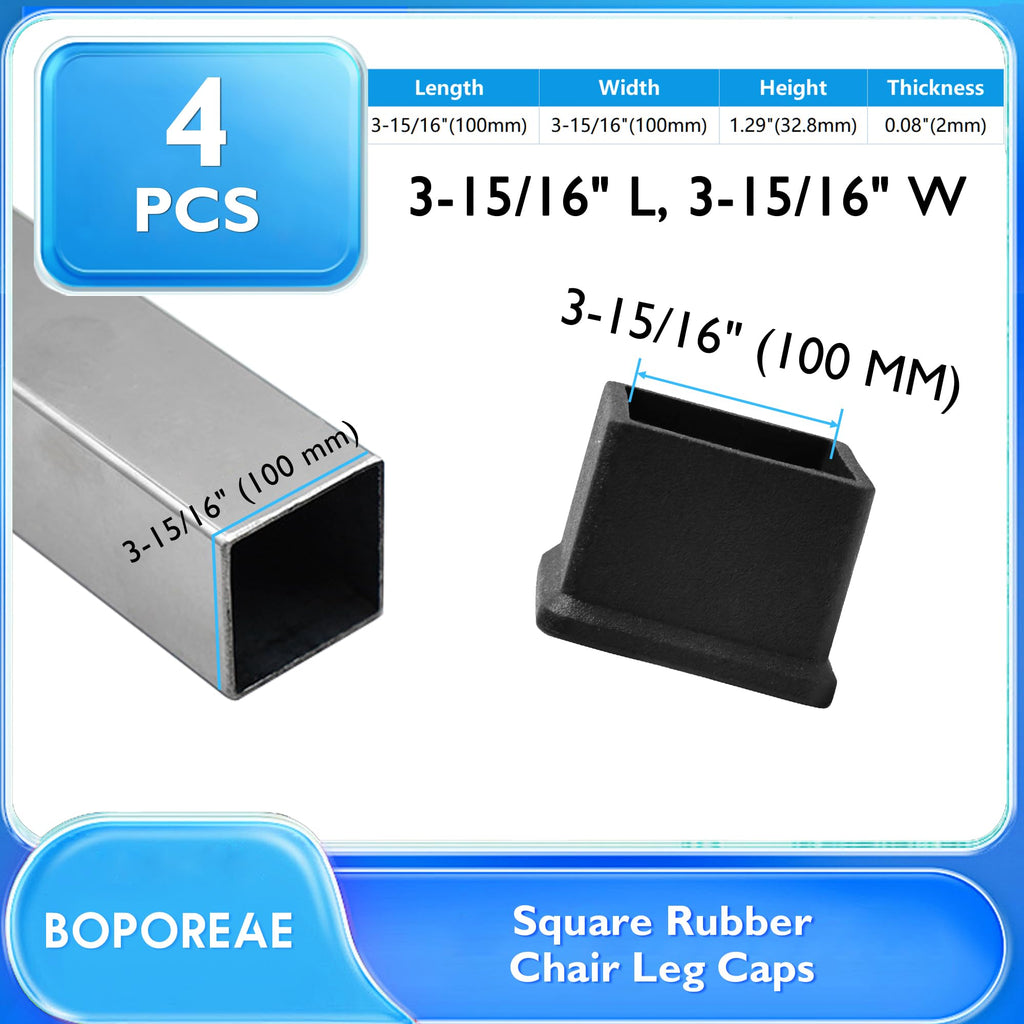 4 Pcs 4" x 4" Black Square Rubber Chair Leg Caps (4 Count)