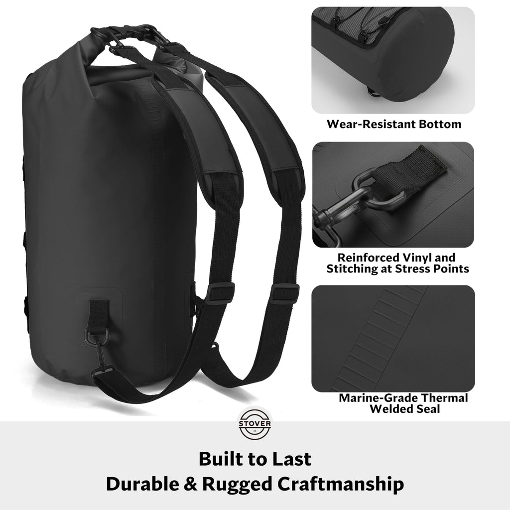 STOVER 5/10/25/30/40L Waterproof Dry Backpack & Phone Case- Large Floating Dry Bag for Kayaking, Travel, Hiking, Fishing, Camping, Motorcycles & Beach, Heavy-Duty Roll Top Men/Women (Black)