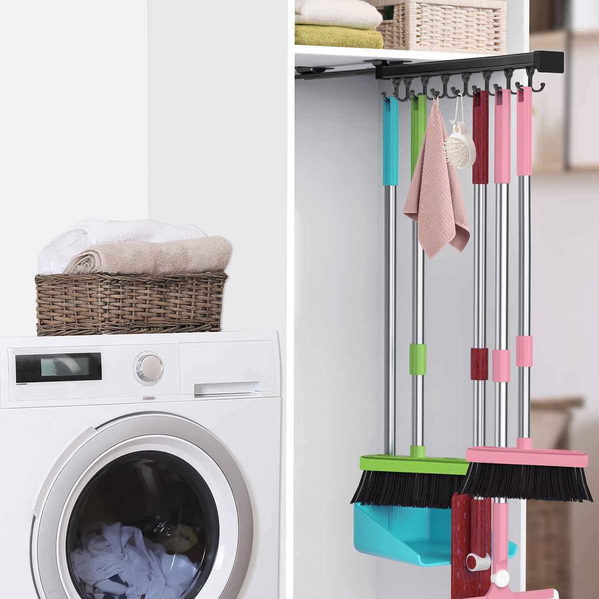 Pull Out Broom Holder With Adjustable Double Row Sliding Hook