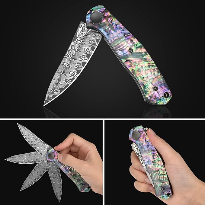 AUBEY Damascus Pocket Knife for Women Men, Sharp 3.23" Damascus Steel Blade Knife with Clip, EDC Hunting Knives with Abalone Shell Handle, Gift for Camping Outdoor