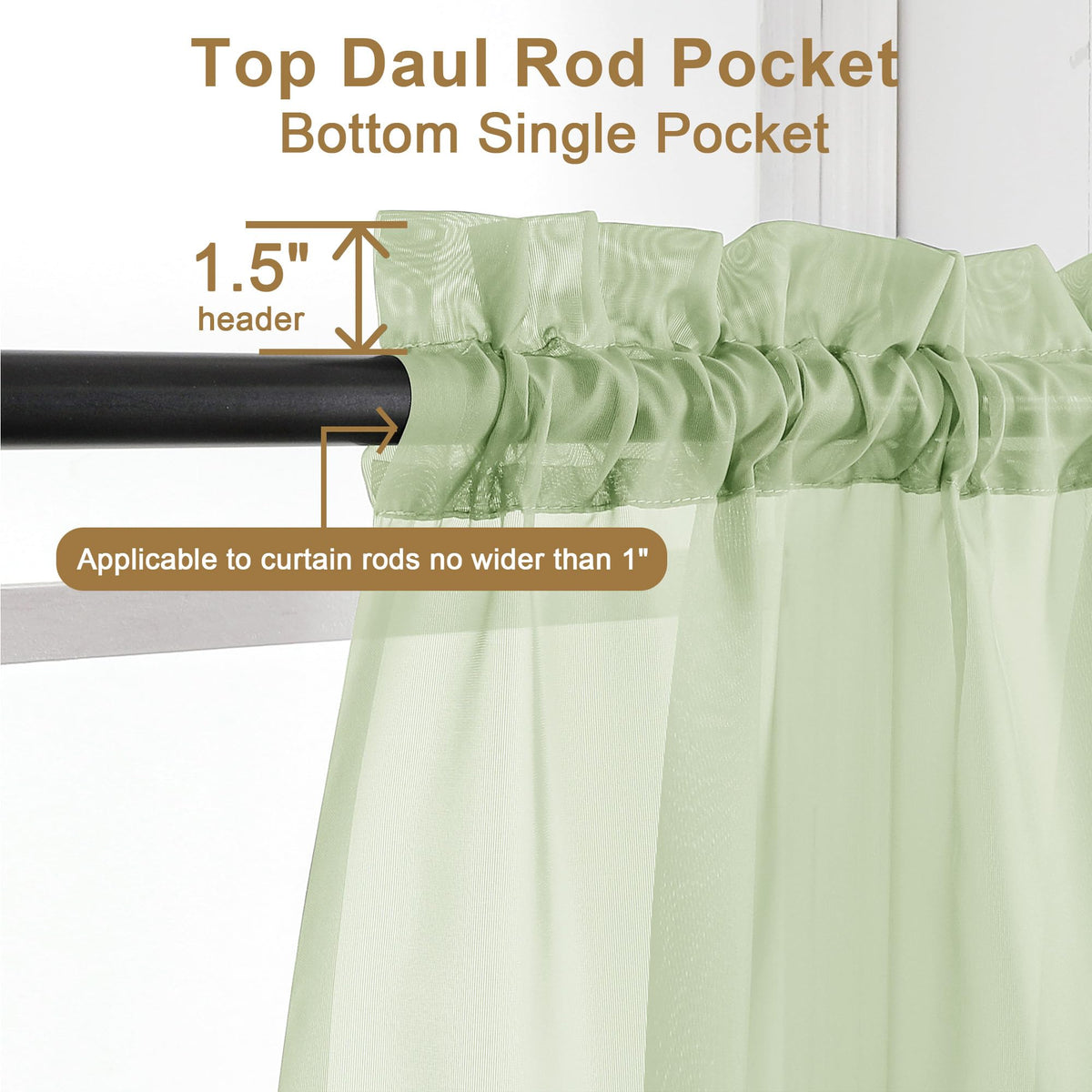 Light Green Sheer Curtains 36 inch Length 2 Panels Set (2 Count)