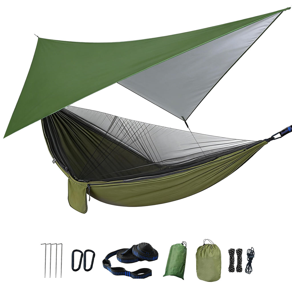 Ovyuzhen Camping Hammock with Rain Fly Tarp Mosquito Net Heavy Duty Tree Straps Portable Double Parachute Hammock Tent Waterproof Rainfly Set 660lbs Maximum Weight