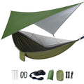Ovyuzhen Camping Hammock with Rain Fly Tarp Mosquito Net Heavy Duty Tree Straps Portable Double Parachute Hammock Tent Waterproof Rainfly Set 660lbs Maximum Weight