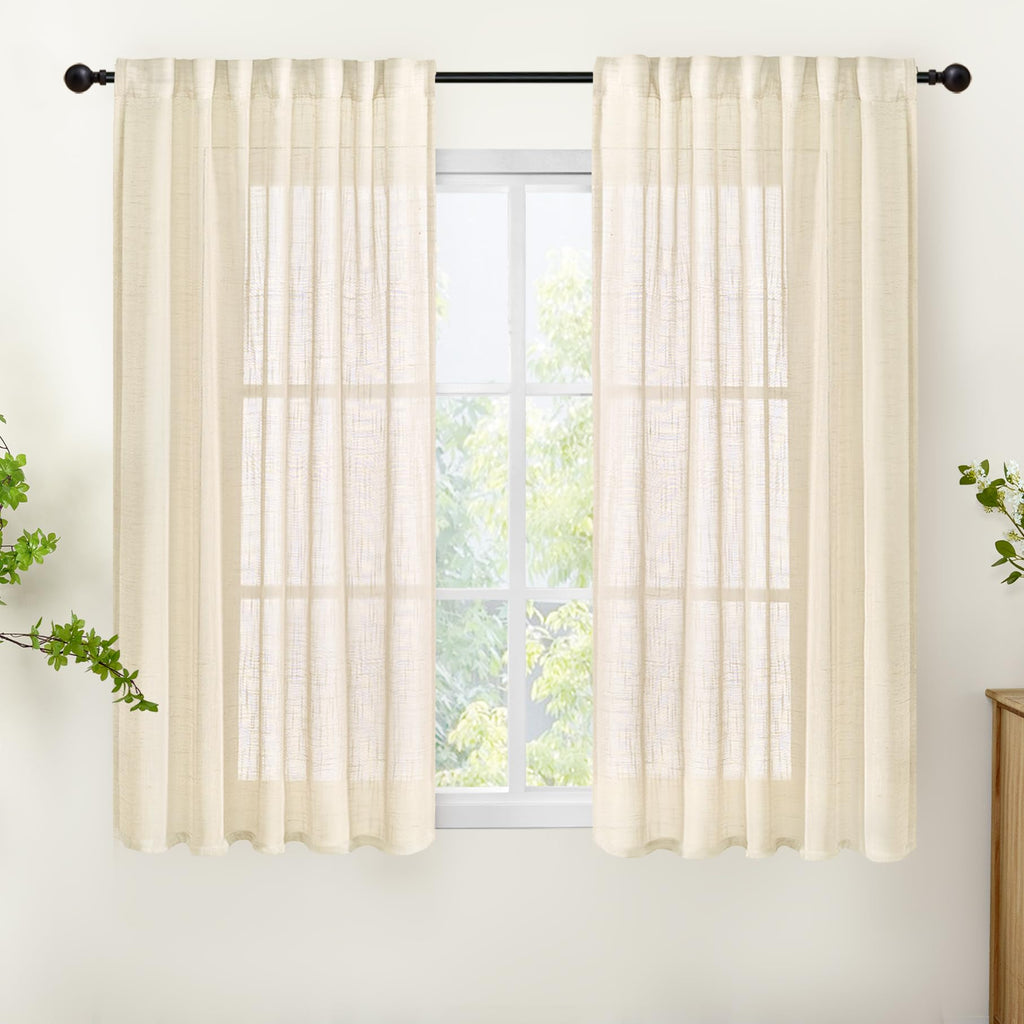 Linen Semi Sheer Curtains 48 Inch Length for Living Room Window (2 Count)
