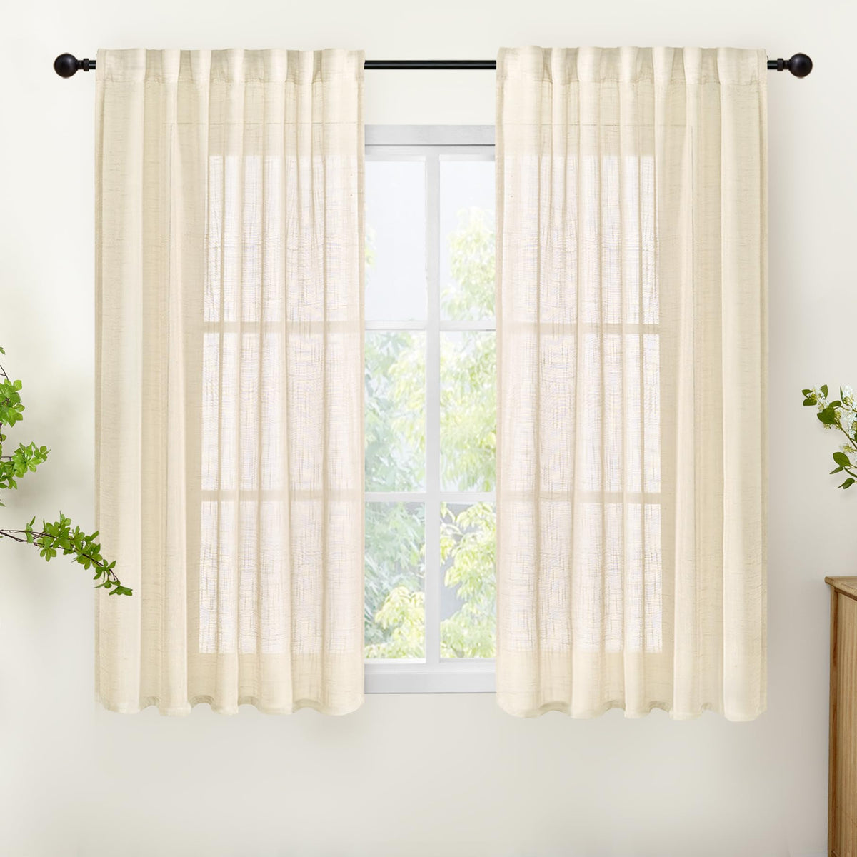 Linen Semi Sheer Curtains 48 Inch Length for Living Room Window (2 Count)