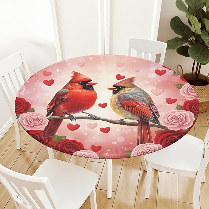Valentines Day Round Fitted Tablecloth with Elastic Cardinal Bird Heart Circle Table Cloth for 48-52" Tables Wipeable Waterproof Washable Valentine Red Birds Table Cover for Picnic Dining Party Decor