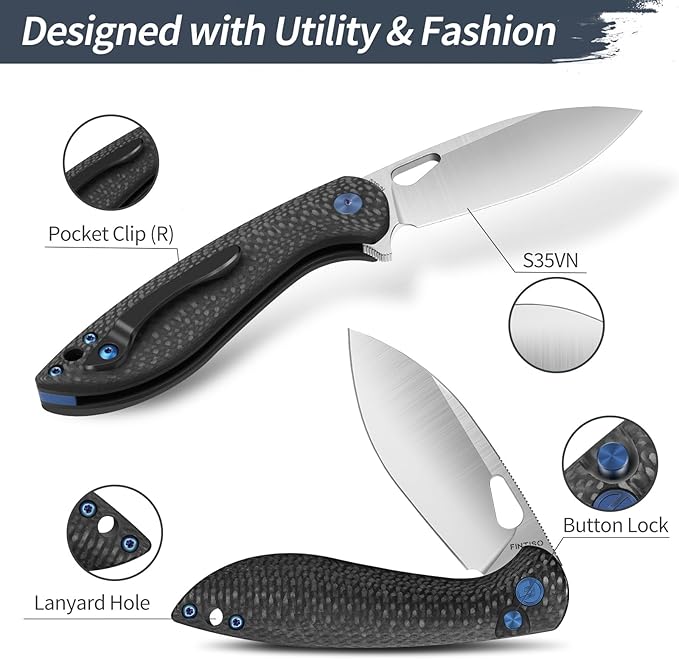 Pocket Knife, 3.1" Unique S35VN Blade Folding Knife with Button Lock, EDC Knife with Carbon Fiber Handle for Camping, Survival, Best Gift for Men Women-COBRA series