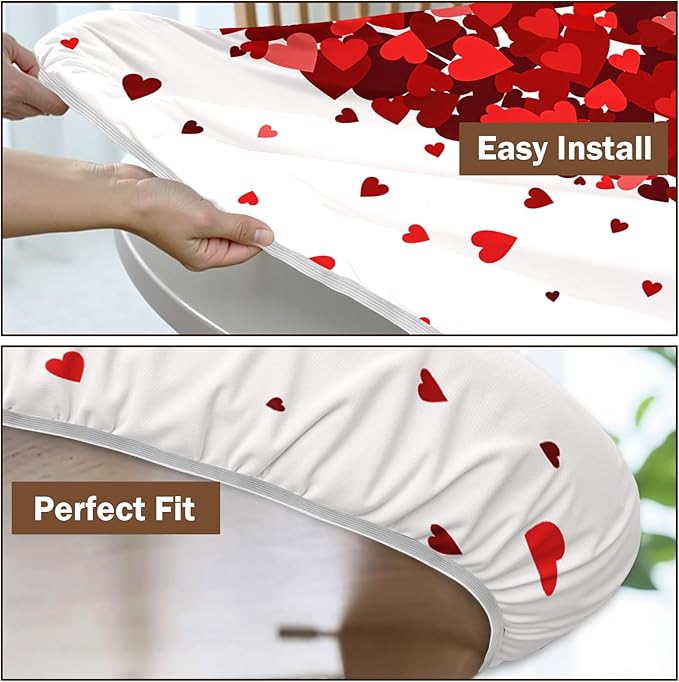 Valentines Day Round Fitted Tablecloth with Elastic Red Love Heart Circle Table Cloth for 48-52" Tables Wipeable Waterproof Washable Valentine Decorative Table Cover for Picnic Dining Party Decor