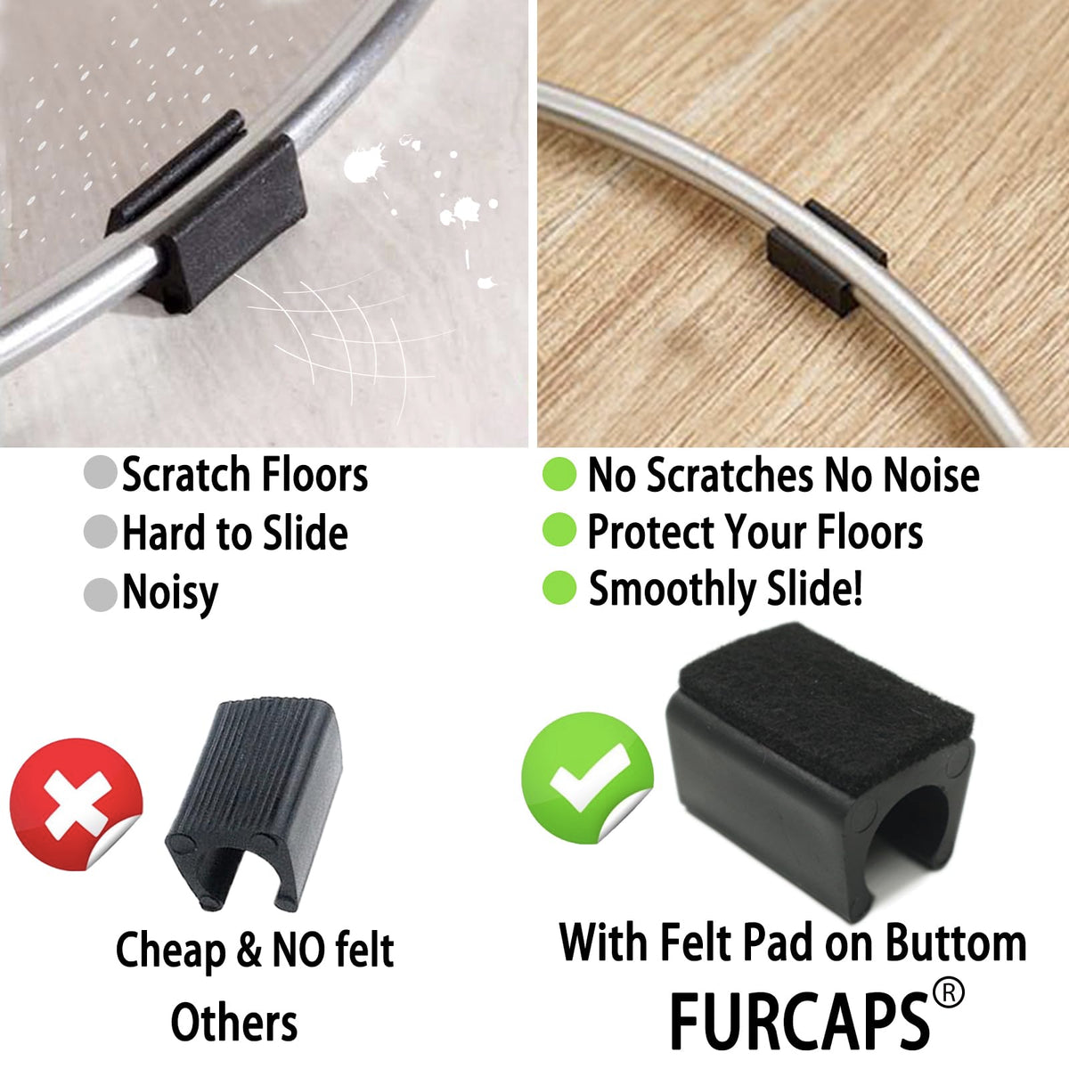 Rectangle U Shaped Sled Chair Leg Tips Cap with Felt Pads (8 Count)