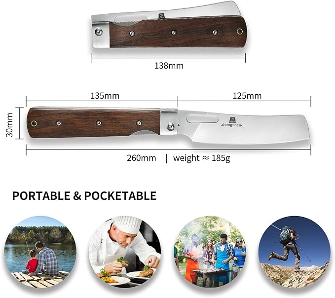 Folding Chef Knife 4.8" Sharp 440A Stainless Steel Blade Wooden Handle Pocket Foldable Japanese Style Kitchen Knife for Outdoor Camping Cooking