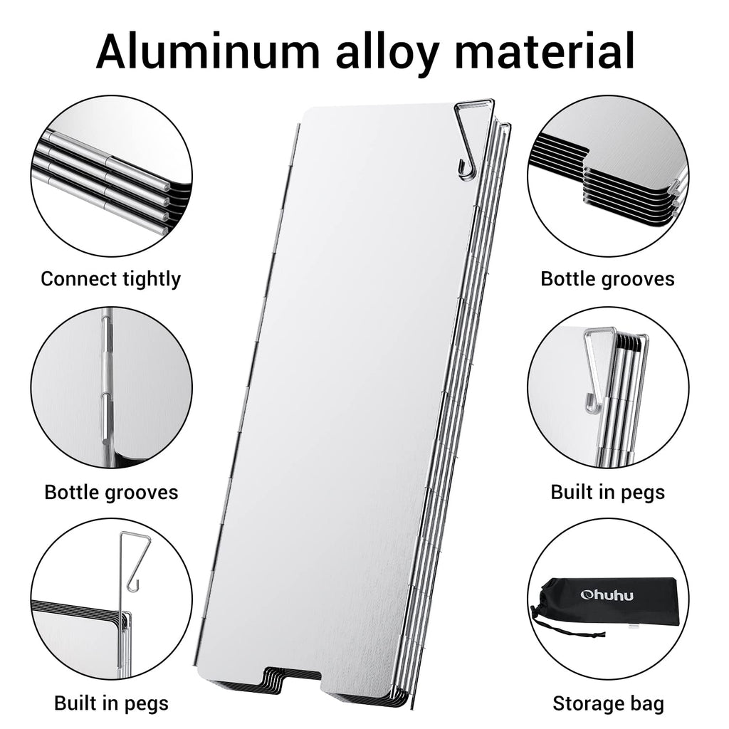 Camp Stove Windscreen, Ohuhu Camping Stove Windscreen 10 Plates Aluminum Folding Portable Camping Stove Windshield Grill Wind Screen for Camp with Carry Bag for Camping Hiking Picnic Backpacking