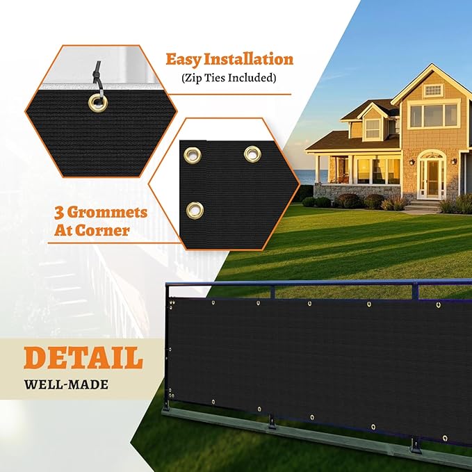 2.5' x 125' Balcony Privacy Screen Fence Cover with Zip Ties Grommets for Apartment Patio Porch Deck Backyard Outdoor (Black)