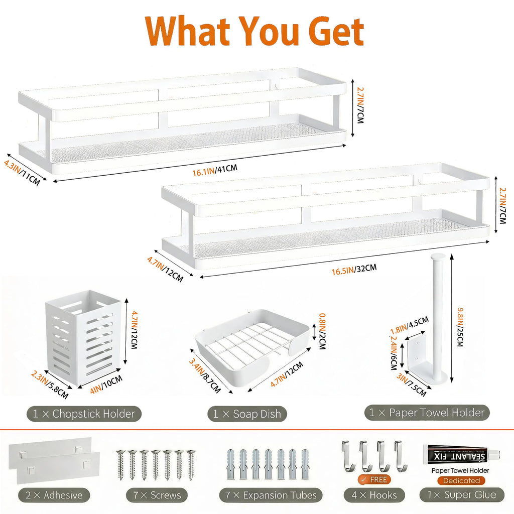 5-in-1 16.5" Extra Long Kitchen Organizer & Shower Caddy Set, Wall Mount Spice Rack with Paper Towel Holder, Utensil Holder & Soap Dish, Rustproof Mesh - White, Guardrail