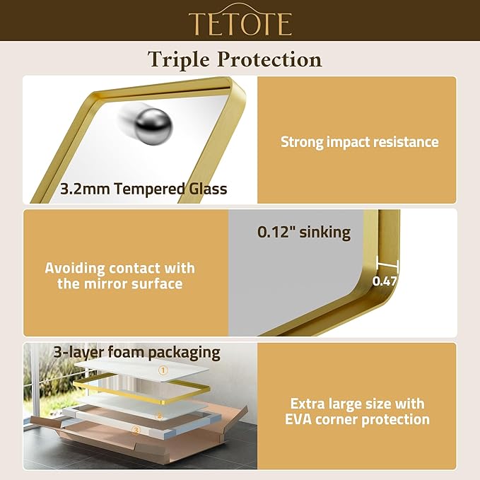 TETOTE 72 x 36 Inch Gold Framed Mirror Vanity Mirrors for Wall Decor Brushed Gold Bathroom Mirrors, Tempered Glass, Modern Farmhouse Wall Mounted Mirror for Decorative(Horizontal/Vertical)