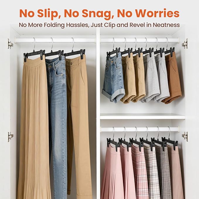 HOUSE DAY Black Pants Hangers 50 Pack, 12 Inch Skirt Hangers with Non-Slip Big Clips and 360° Swivel Hook, Heavy Duty Slim Plastic Pant Hanger, Space Saving Clip Hanger for Pants, Skirts, Shorts
