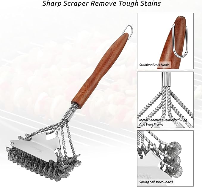 KULUNER BBQ Cleaning Brush - Bristle-Free, Suitable for All Types of barbecues, Wooden Handle, Multifunctional Brush and Scraper, Barbecue Accessory, Men's