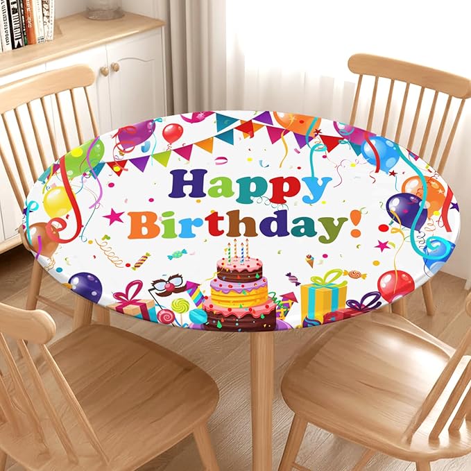 Birthday Round Fitted Tablecloth with Elastic Colorful Happy Birthday Party Circle Table Cover for 40-44" Round Tables Wipeable Waterproof Cake Balloons Gifts Table Cloth for Picnic Dining Patio Decor