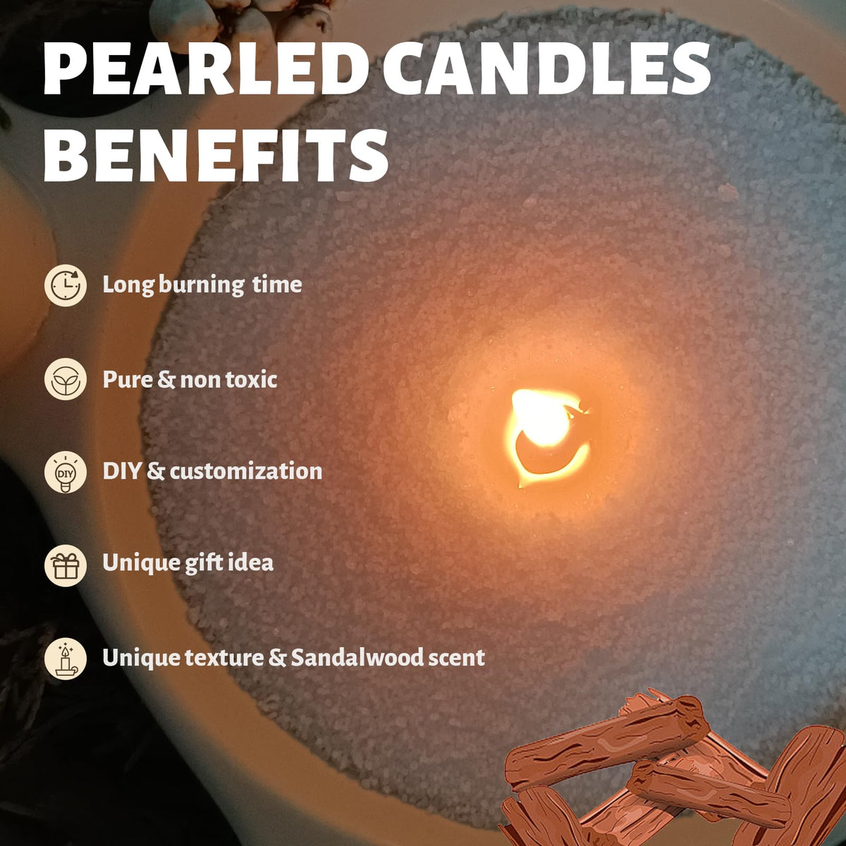 Sandalwood Scented White Pearled Candle 70.5oz Luxury Sand Candle Granulated Wax (70.5 Ounce)