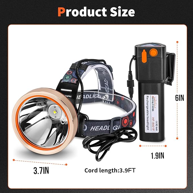 High Power Rechargeable LED Headlamp - Waterproof Adjustable Head Flashlight, Hands-Free Head Torch for Camping, Hiking, Hunting, Fishing, Emergency, Outdoor Activities, Ultra Bright Comfortable Wear