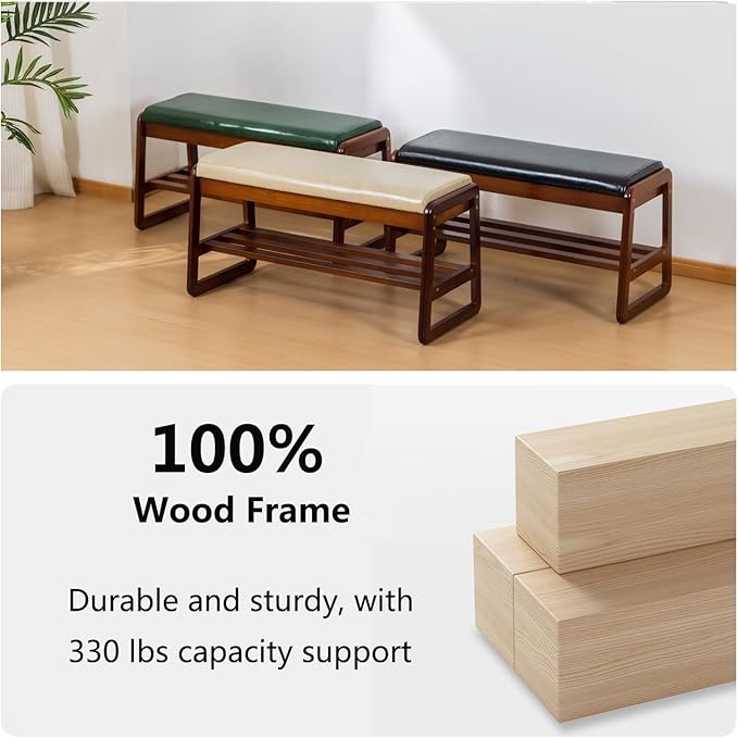 SOBIBO Shoe Bench with Storage - 2-Tier Entryway Bench, Solid Wood Shoe Rack with Cushion & Flip-Open Box, Mid-Century Modern for Hallway, Mudroom, Bedroom (Green, 21.65'')
