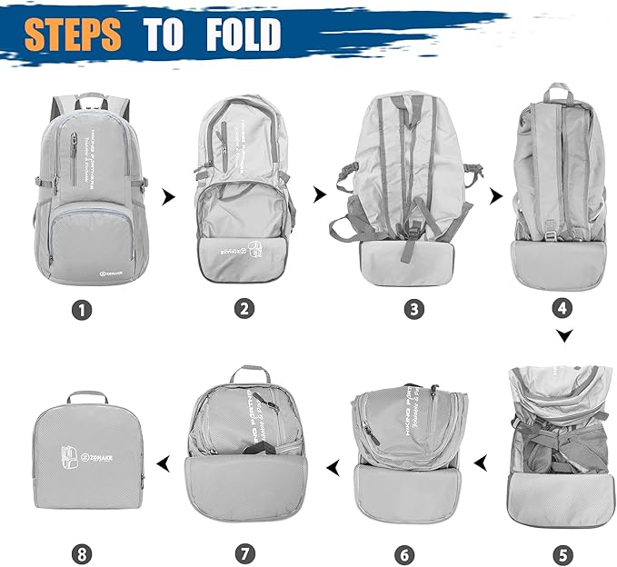 ZOMAKE Lightweight Packable Backpack, 35L Light Foldable Hiking Backpacks Water Resistant Collapsible Daypack for Travel(Sliver Grey)