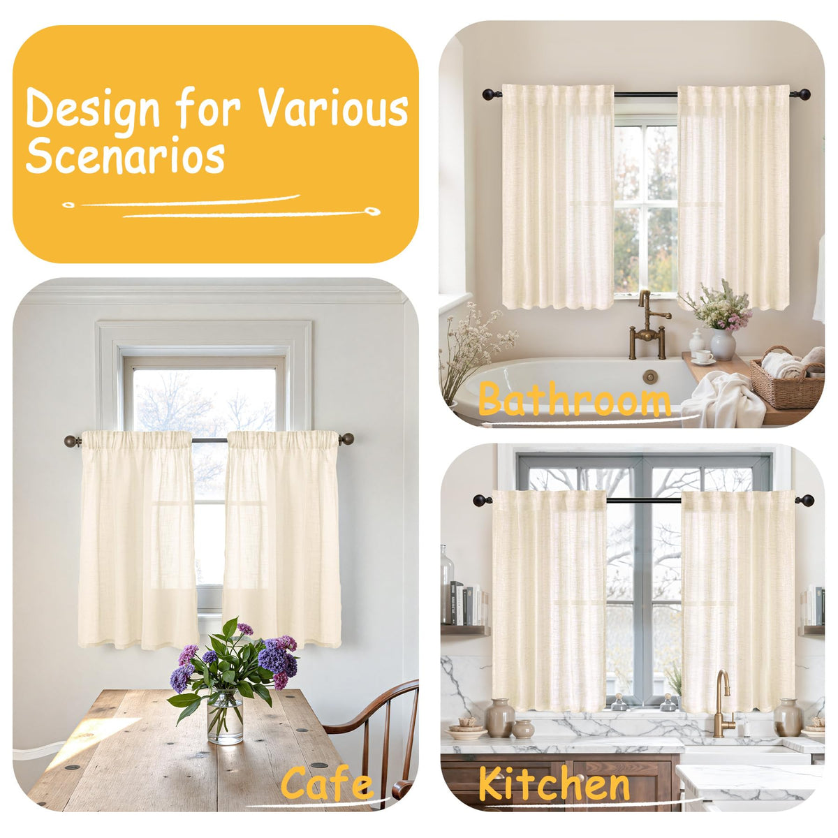 Linen Sheer Curtains 45 Inch Length for Kitchen Window (2 Count)