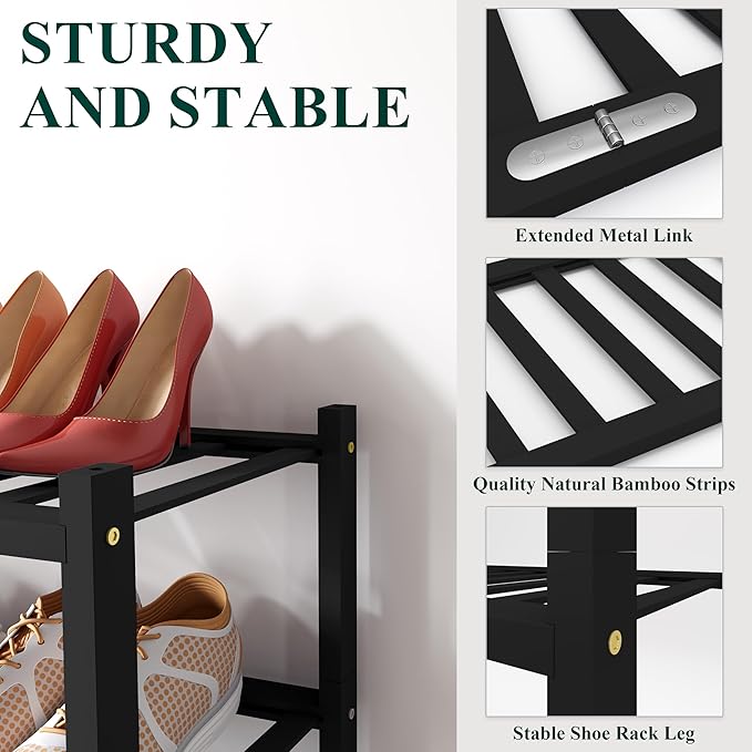Smiry Bamboo Shoe Rack, 6 Tier Free Standing Wooden Shoe Organizer, Stackable Wood Shoe Storage Shelf for Closet, Entryway, 12 Vertical Slats, 2+2+2 Stack Standard Legs, 26.8"x11"x39", Black