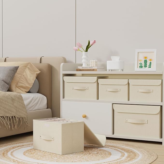 Fabric Storage Bins Cube Organizers with Flip-Top Lid and Handles,Storage Boxes for Organizing Home,Office,and Closet,Beige,3 Pack 10.2 X 7.9 X 6.7 in