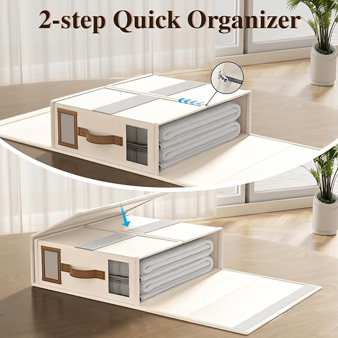 3 Pack Foldable Bed Sheets Set Organizers and Storage(King & Queen Size),Linen Fabric Closet Organizers with Window,Folding Bedding Storage Box for Bedsheets and Pillow Cube Organizer-Beige