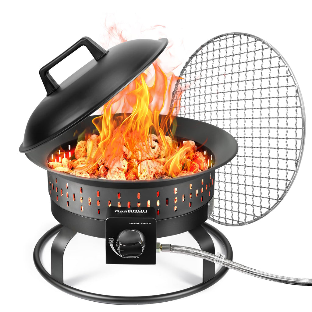 GasBRUH 19″ Outdoor Portable Propane Fire Pit with Grill Grate, Cover&Carry Kit,Fireplace,60,000 BTU Camping Propane Firepit,Portable Gas Fire Pit for Outside Patio,Camping,RV,Smokeless Gas Firebowl