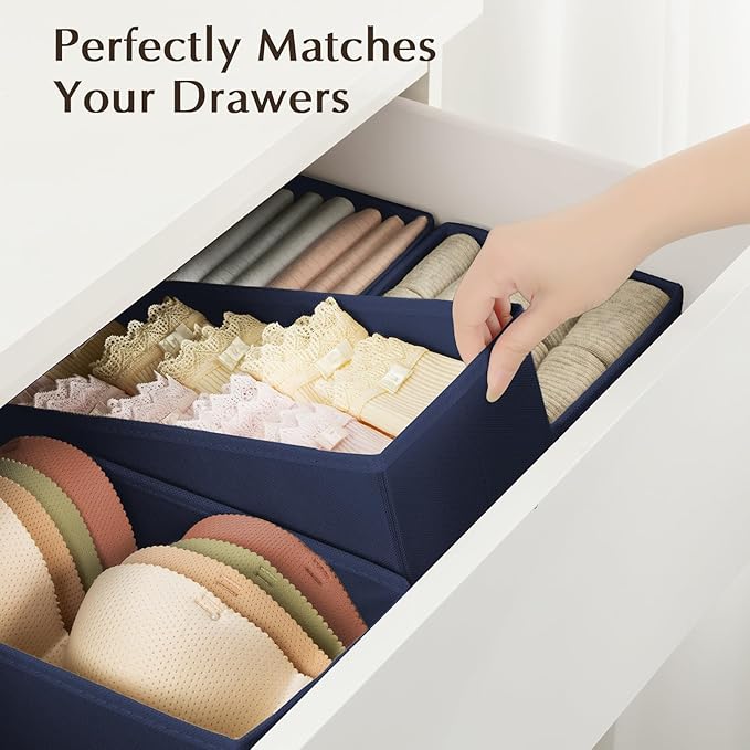 DIMJ Drawer Organizers Clothes, Set of 12 Dresser Organizer Bins, Fabric Closet Organizers and Storage, Shallow Drawer Dividers for Nursery, Clothing, Baby Clothes, Socks, Underwears, Tie (Navy Blue)