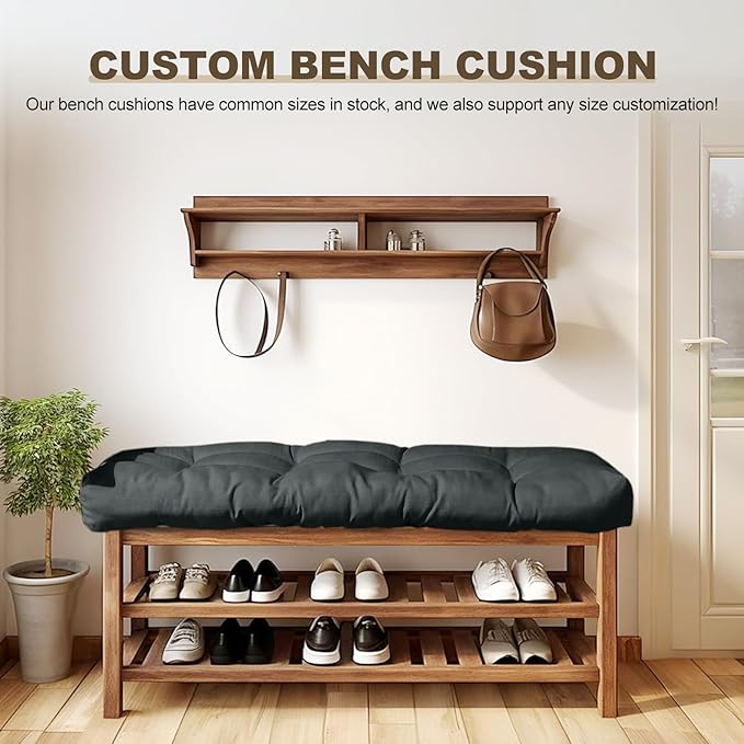 Bench Cushion 39 inches,Indoor/Outdoor Non-Slip Tufted Cushions, Premium Waterproof Linen, Soft Piano Sofa Cushions, High-Density Memory Foam(Black-39x19x4in)