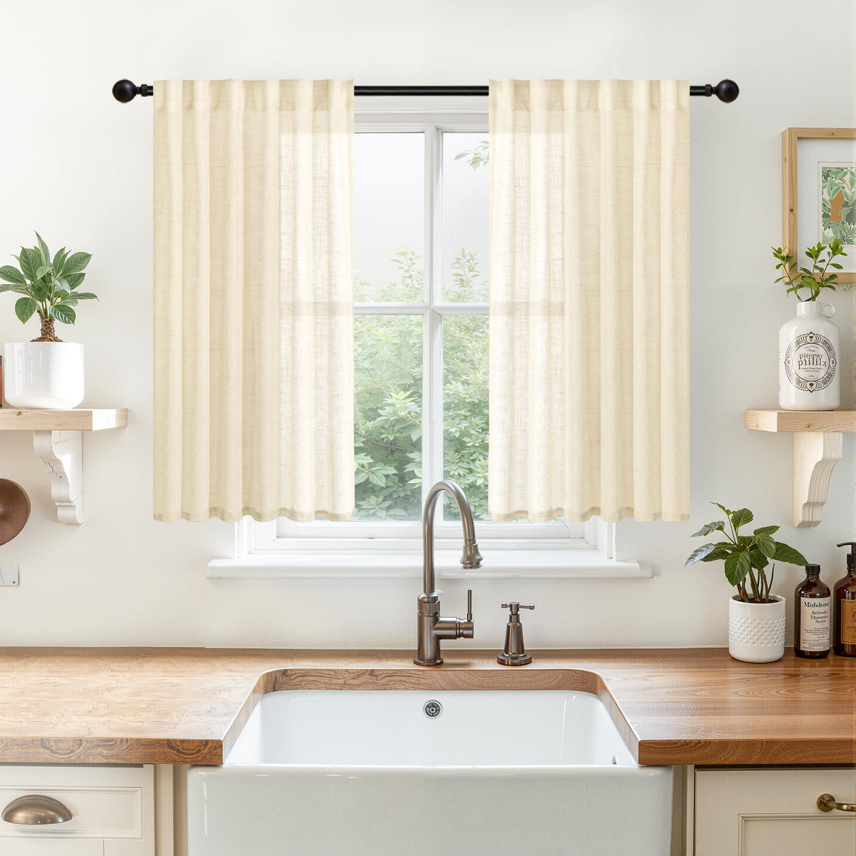 Linen Sheer Curtains 45 Inch Length for Kitchen Window (2 Count)