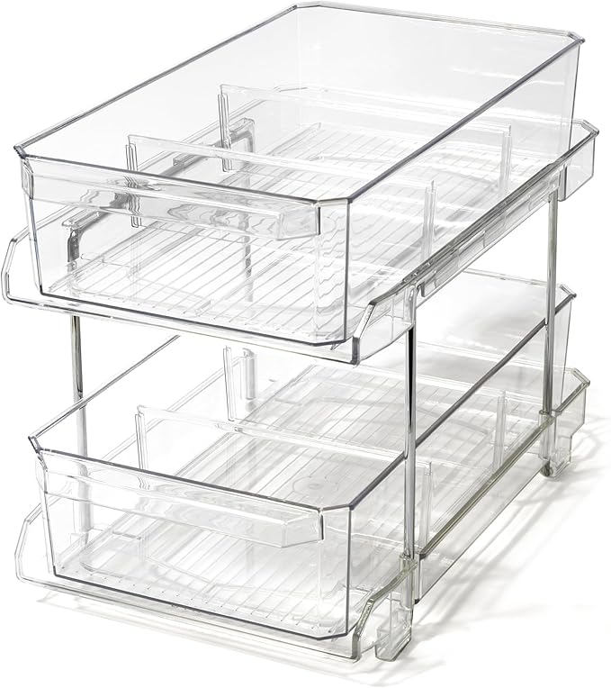BINO 2 Tier Clear Storage Organizer with Dividers | Slide Out Drawer for Under Sink or Medicine Cabinet | Bathroom Closet, Vanity, Pantry Organizer | Under Cabinet Storage for Bathroom and Kitchen